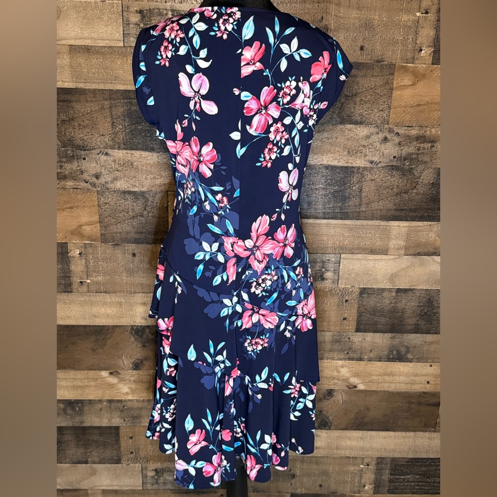 Robbie Bee Women's Navy Blue Pink Floral V Neck Dress Ruffled Size L AB 531 - Picture 5 of 7
